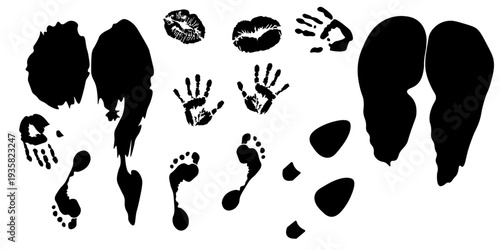 Collection of black human handprints, footprints and lip prints isolated on white background. Body print silhouettes suitable for identity, forensic, childhood, memory and creative design concepts.