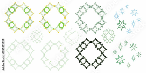 Assorted ornamental geometric patterns in varying shades of green and blue