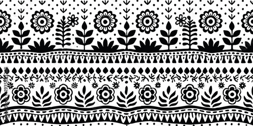 Black and white floral pattern seamlessly repeating with botanical motifs