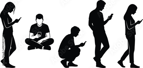 People using smartphone silhouette set, men and women texting and scrolling, modern digital lifestyle and technology addiction concept, flat vector illustration