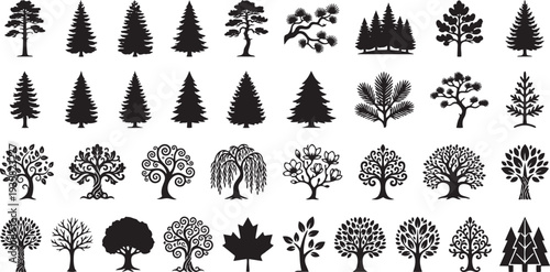 Collection of diverse trees and plants flat design vector illustration set