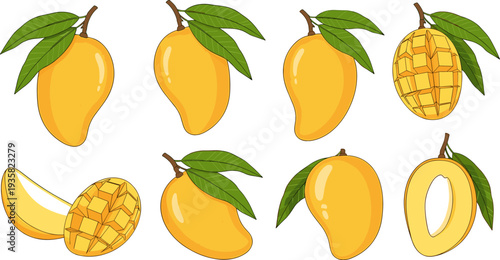 Mango Icon Set Featuring Whole Mango, Sliced Mango, Cubed Mango and Mango Half with Leaf for Tropical Fruit Design and Healthy Food Illustration