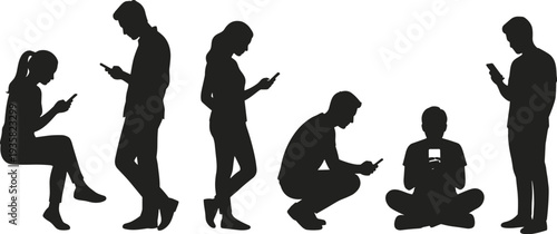 People using smartphone silhouette set, men and women texting scrolling, modern digital lifestyle technology addiction concept, flat vector illustration icons