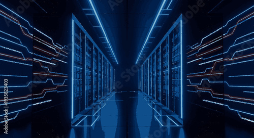 Futuristic server room with neon blue lighting and sleek modern architecture conveying advanced technology and data storage