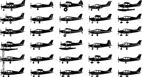 Airplane silhouette icons set, propeller aircraft, aviation design, small planes, flying machines, landing gear, floatplane, fuselage, tail, wings, flat vector illustration