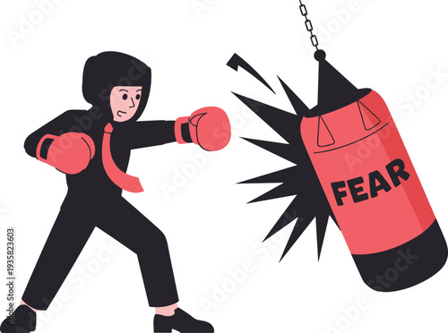 Businessman boxing and punching fear punching bag, overcoming challenges concept, courage leadership resilience, risk management success vector illustration