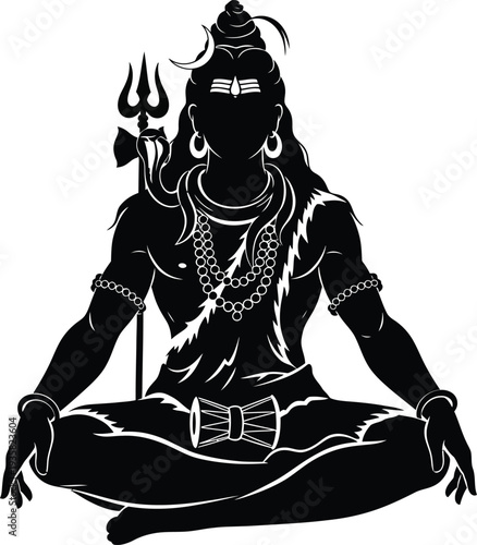 "Black and White Lord Shiva Meditative Silhouette Illustration with Trident, Crescent Moon, Snake, Tiger Skin, and Sacred Ornaments for Hindu Spiritual Art, Cultural Symbolism, and Religious Iconograp