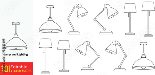 Line Art Lamp and Lighting Fixture Vector Set – Pendant, Desk and Floor Lamps. A refined collection of line art vector illustrations featuring a variety of lamps and lighting fixtures designed for int