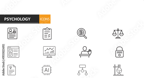 Psychology infographic icons for mental health and research