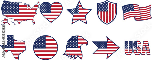 American patriotism set with USA flag hearts stars eagle map vector illustration