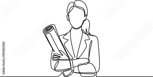 A minimalist continuous line drawing portrays a confident businesswoman holding rolled blueprints or plans