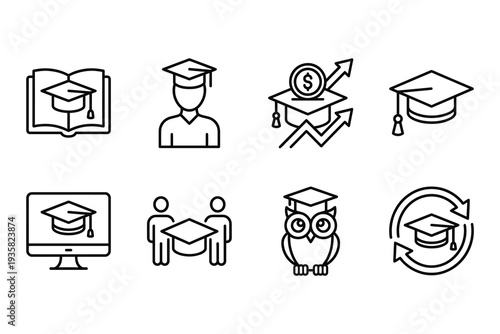 Education and Graduation Icons in Outline Style