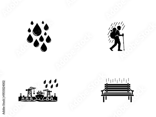 Four weather showing rain drops a hiker a shipyard and a bench rain drops hiker shipyard bench weather precipitation