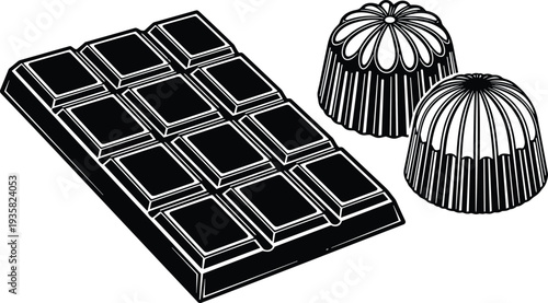 Chocolate bar and praline candy vector illustration isolated on white background dark chocolate cocoa dessert sweet food snack engraving sketch