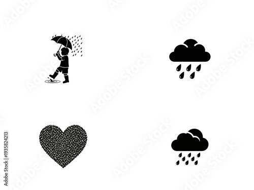 Child with umbrella in rain puddle and rain cloud heart shape boots