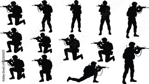 Soldier silhouettes set with rifle, military combat poses in black vector illustration isolated on white background for army, tactical and defense design