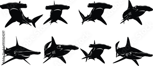 Hammerhead shark silhouettes, marine predator illustration, ocean wildlife design, aquatic animal graphic, sea life artwork, underwater nature symbol, black white art