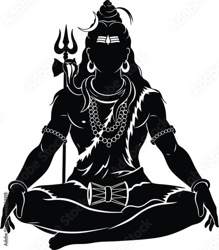 "Black and White Lord Shiva Meditative Silhouette Illustration with Trident, Crescent Moon, Snake, Tiger Skin, and Sacred Ornaments for Hindu Spiritual Art, Cultural Symbolism, and Religious Iconograp