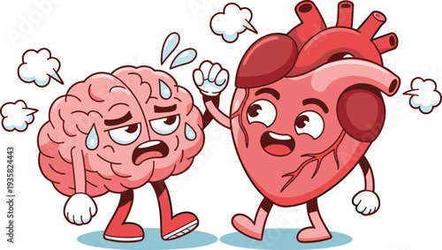 Cartoon Brain and Heart Characters Illustration Showing Emotional Conflict Stress Anxiety and Mental Health Concept Vector Design