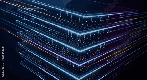 Futuristic digital layers glowing with abstract neon light patterns on dark modern background