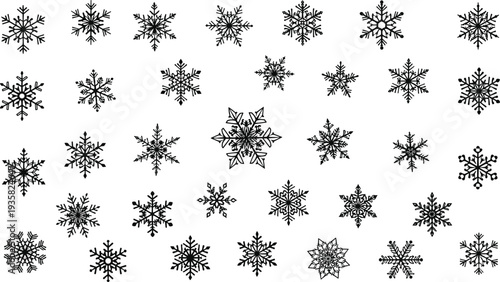 Snowflake collection vector set with detailed winter crystal shapes isolated on white background decorative Christmas frost icons bundle