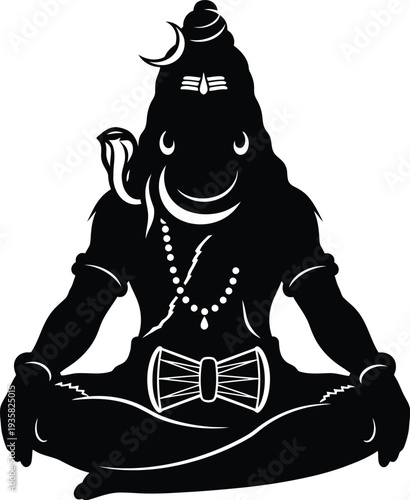"Black and White Lord Shiva Meditative Silhouette Illustration with Crescent Moon, Third Eye, Snake, Beads, and Trident-Shaped Hair Bun for Hindu Spiritual Art, Cultural Symbolism, and Religious Icono