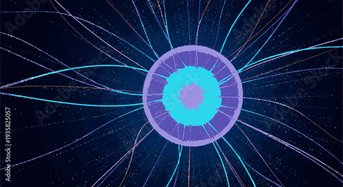 Glowing futuristic orb emits vibrant neon beams radiating symmetry on dark space background with energetic lighting