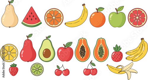 Mixed Fruit Icon Set Featuring Pear, Watermelon, Orange, Banana, Apple, Papaya, Avocado, Strawberry, Cherry and Citrus for Healthy Food Design