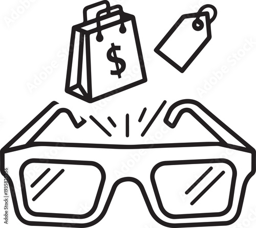 Virtual reality shopping line icon isolated. AR glasses with shopping bag and price tag. Modern ecommerce retail technology, online digital metaverse store and augmented reality commerce concept