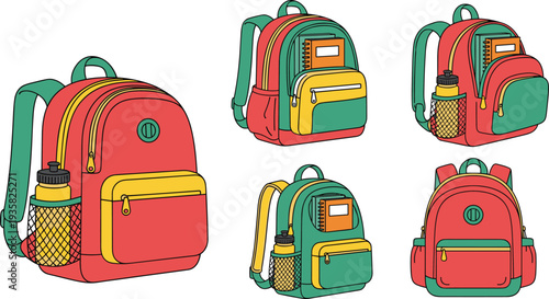 Colorful school backpack set with multiple views, modern student bag illustration, education supplies concept, isolated vector style for learning and back to school design