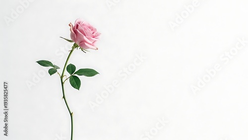 A single pink rose stem with green leaves against a white background.