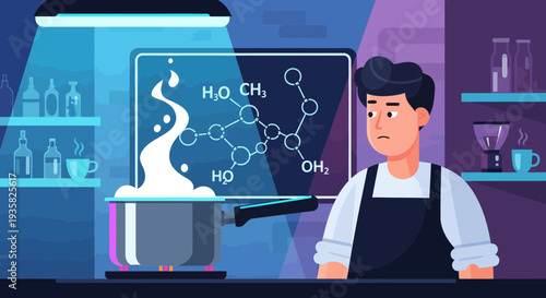 Young man observing chemical reaction in a pot.