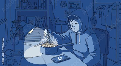 Young man in hoodie intently observing a glowing object.