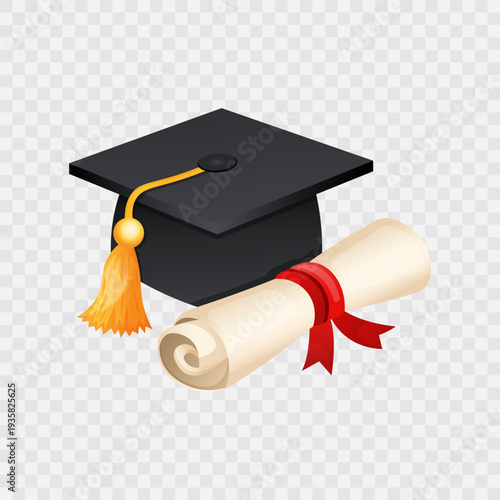 Black graduation cap with diploma isolated on transparent background.  Graduation hat with diploma icon with gradient effect.School, college or  university graduation ceremony sign.Vector illustration