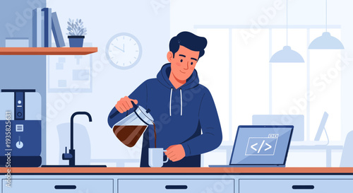 Young Man Pouring Coffee in Kitchen.