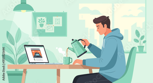 Young man pouring coffee into a mug at his desk.