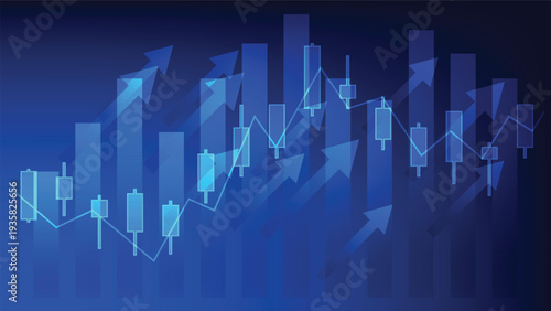 financial market and economy. candlesticks chart and bar chart with arrow up on blue background
