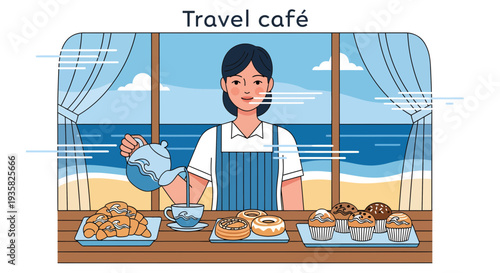 Young woman barista pouring tea at travel cafe counter.