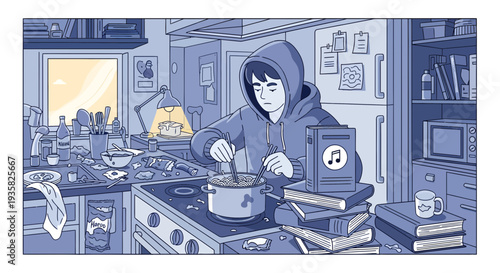 Young person cooking in kitchen wearing hoodie.