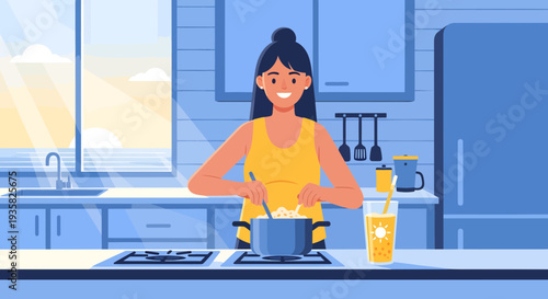 Young Woman Cooking Delicious Meal in Modern Kitchen.