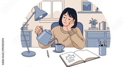 Young woman pouring tea at desk with book.
