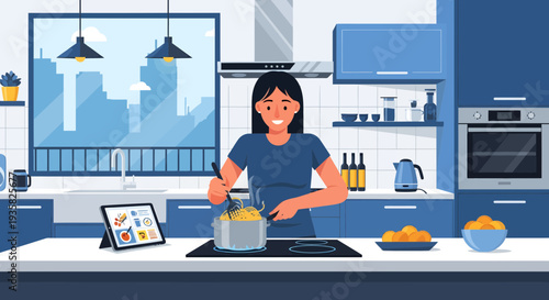 Young woman cooking delicious food in modern kitchen.