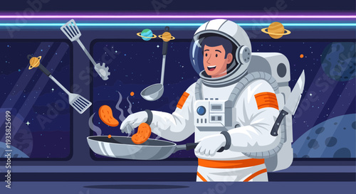 Astronaut cooking food in zero gravity space station.