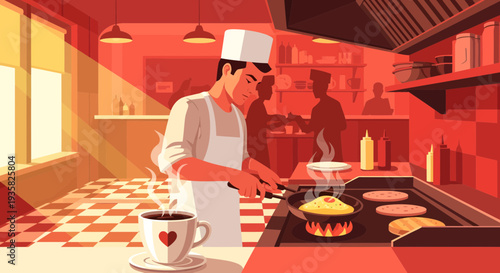 Chef cooking pancakes and coffee in restaurant kitchen.