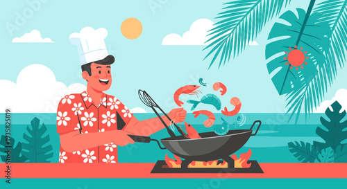 Chef cooking seafood in a wok outdoors by the ocean.