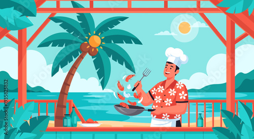 Chef Cooking Tropical Food Outdoors Beachside.