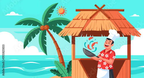 Chef Cooking Tropical Food Beachside Tiki Hut.