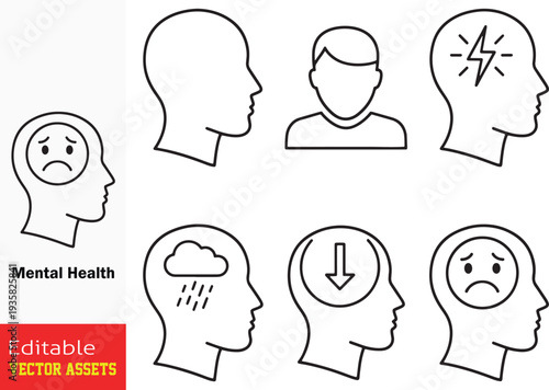 Mental health and psychology vector icons set: Human head silhouettes with emotional symbols including rain cloud, lightning bolt, sadness emoji, and downward arrow. Minimalist line art for depression
