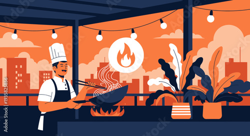 Chef cooking with wok on fire with steam rising.