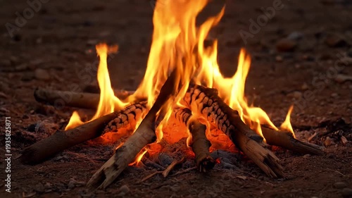 Burning campfire with flames and wood in the dark.